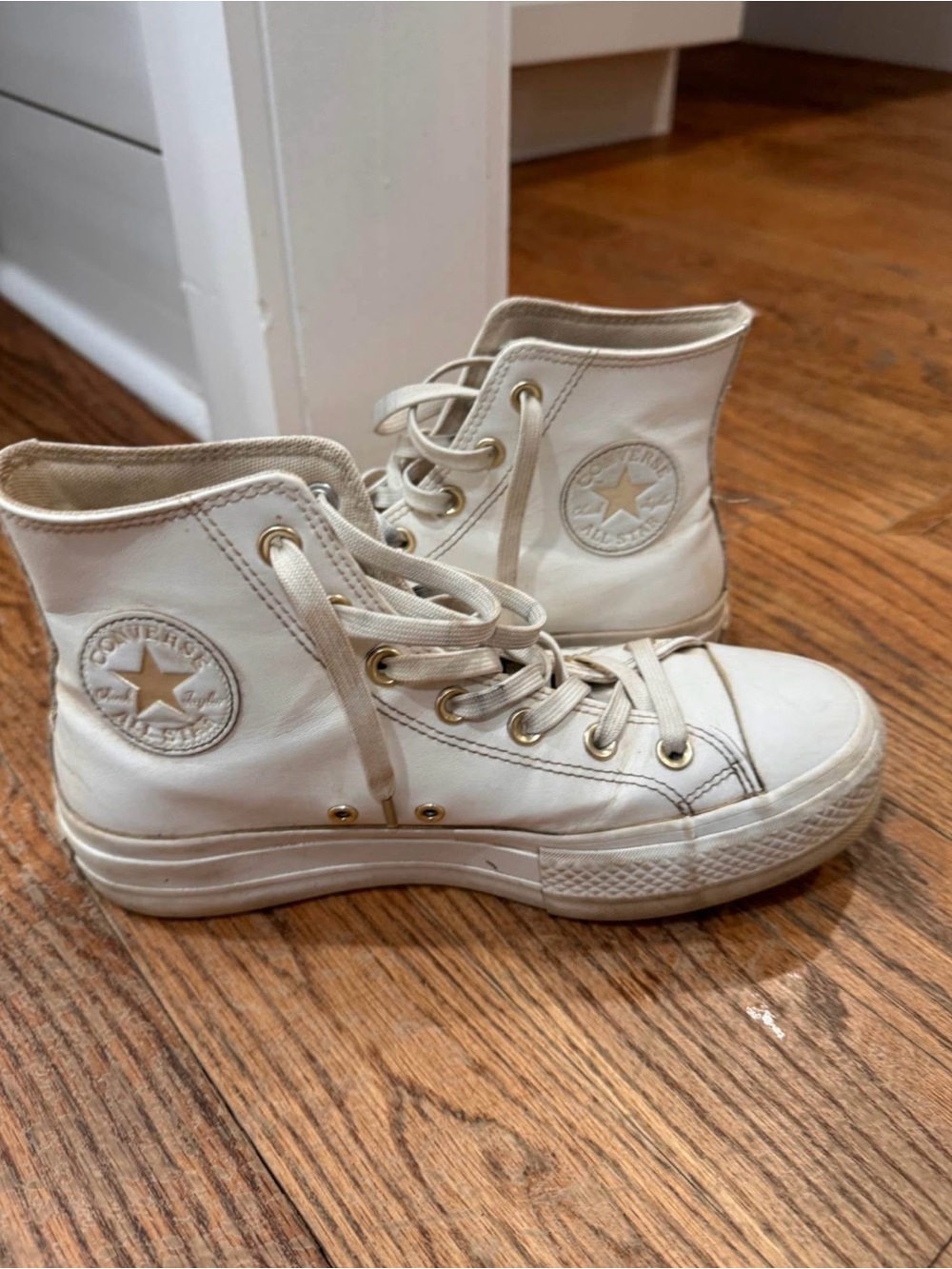 Converse High Top Sneakers in Off-White/Cream with Gold Eyelets